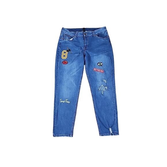 Divided H&M Womens 12 Distressed Skinny 4 Patches Graphic Design Jeans ARTSY - Picture 1 of 15